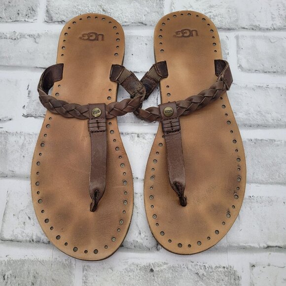 UGG Women's Bria Thong Flip Flop Braided Strap Brown Leather Sandals - Size 8 - Picture 1 of 3